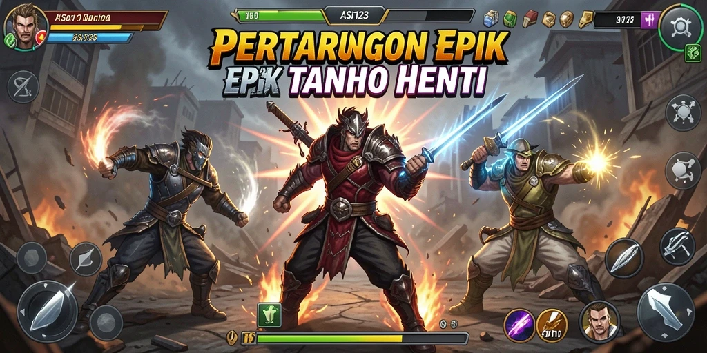 Screenshot gameplay ASD123 menunjukkan pertarungan seru dan karakter yang beragam.