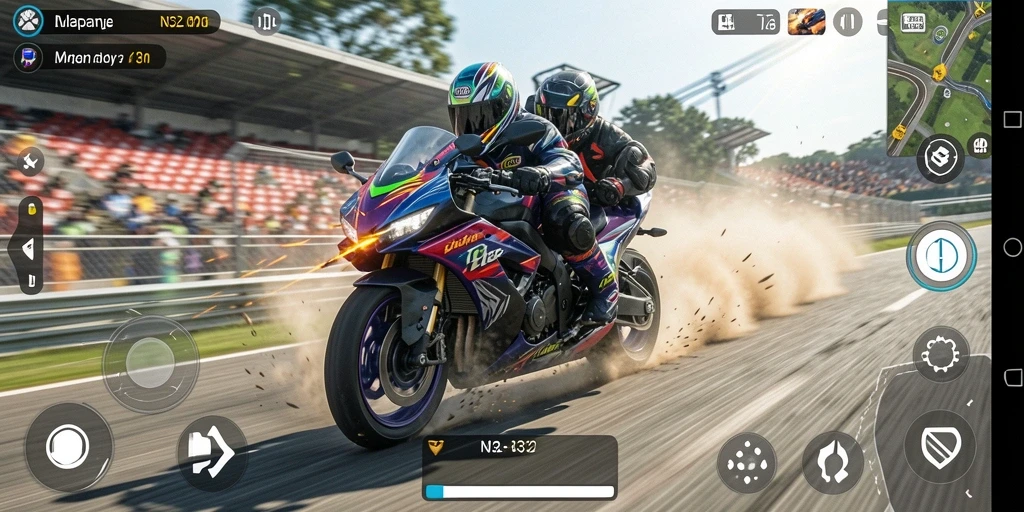 Screenshot N32 menunjukkan detik-detik balapan motor yang seru dan mendebarkan.