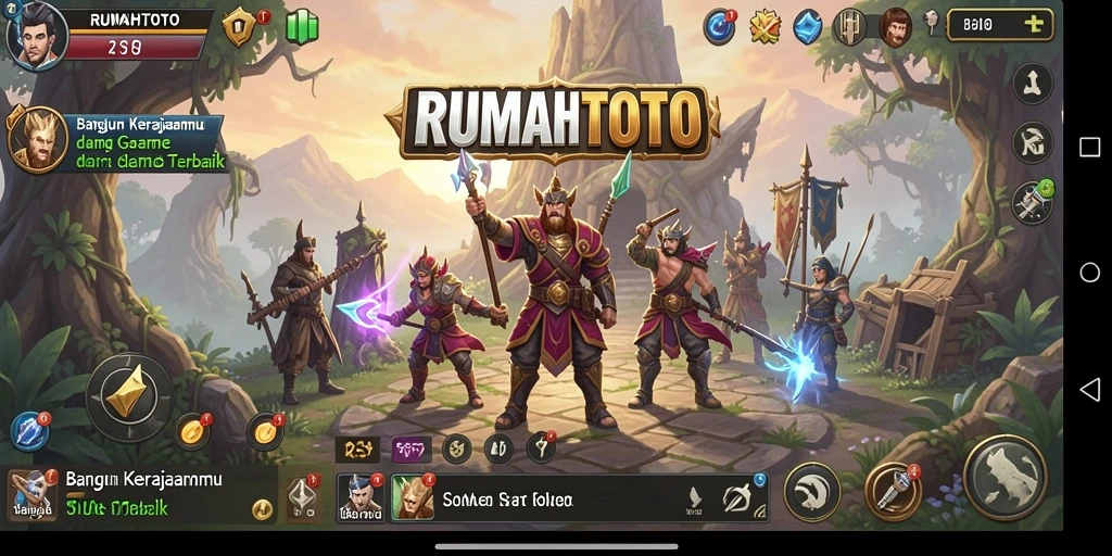 Tangkapan layar utama RUMAHTOTO menampilkan aksi membangun kerajaan dalam gameplay SLG yang dinamis.